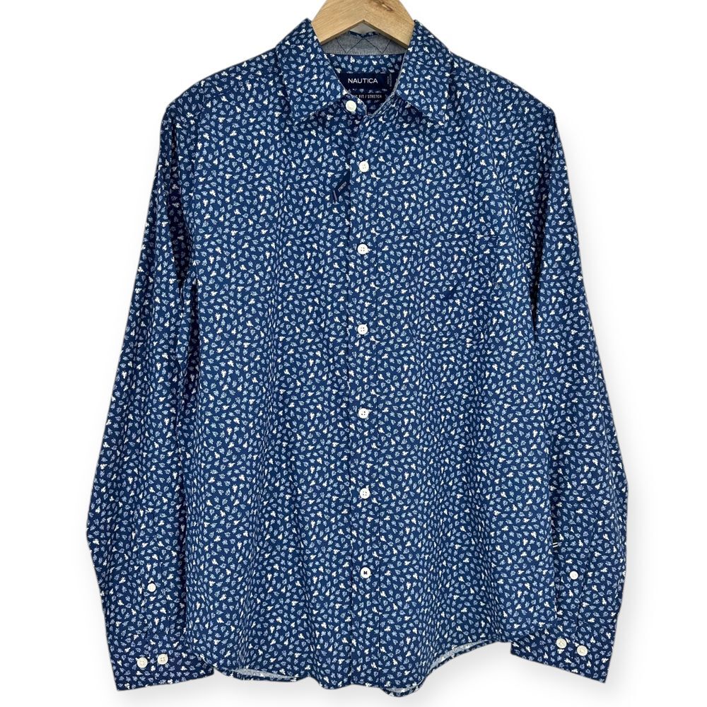 Nautica NWT Floral Print Button Down‎ Stretch Shirt Navy White Pattern Size M